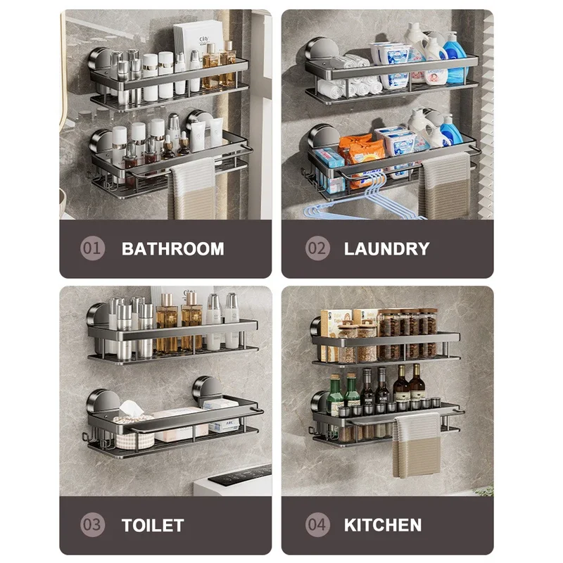 Mensola da bagno a ventosa senza trapano, montaggio a parete, bottiglia di shampoo, doccia, portaoggetti per WC, bagno in alluminio, cucina