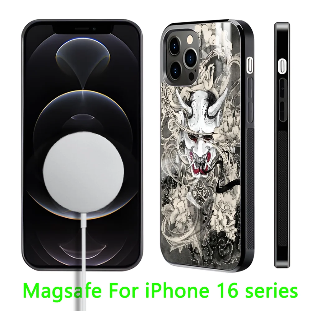 Oni Hannya Samurai Demon Phone Case For iPhone 16 15 14 13 12 11 Pro Max Plus Mini Magnetic Magsafe Wireless Charging Cover