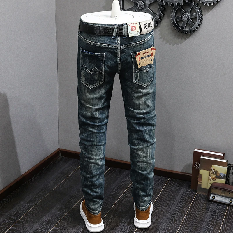 

American Retro Scrape Jeans for Men2024High-End Men's Slim Fit Ankle-Tied Trendy Fashion Wash Classic Motorcycle Trousers