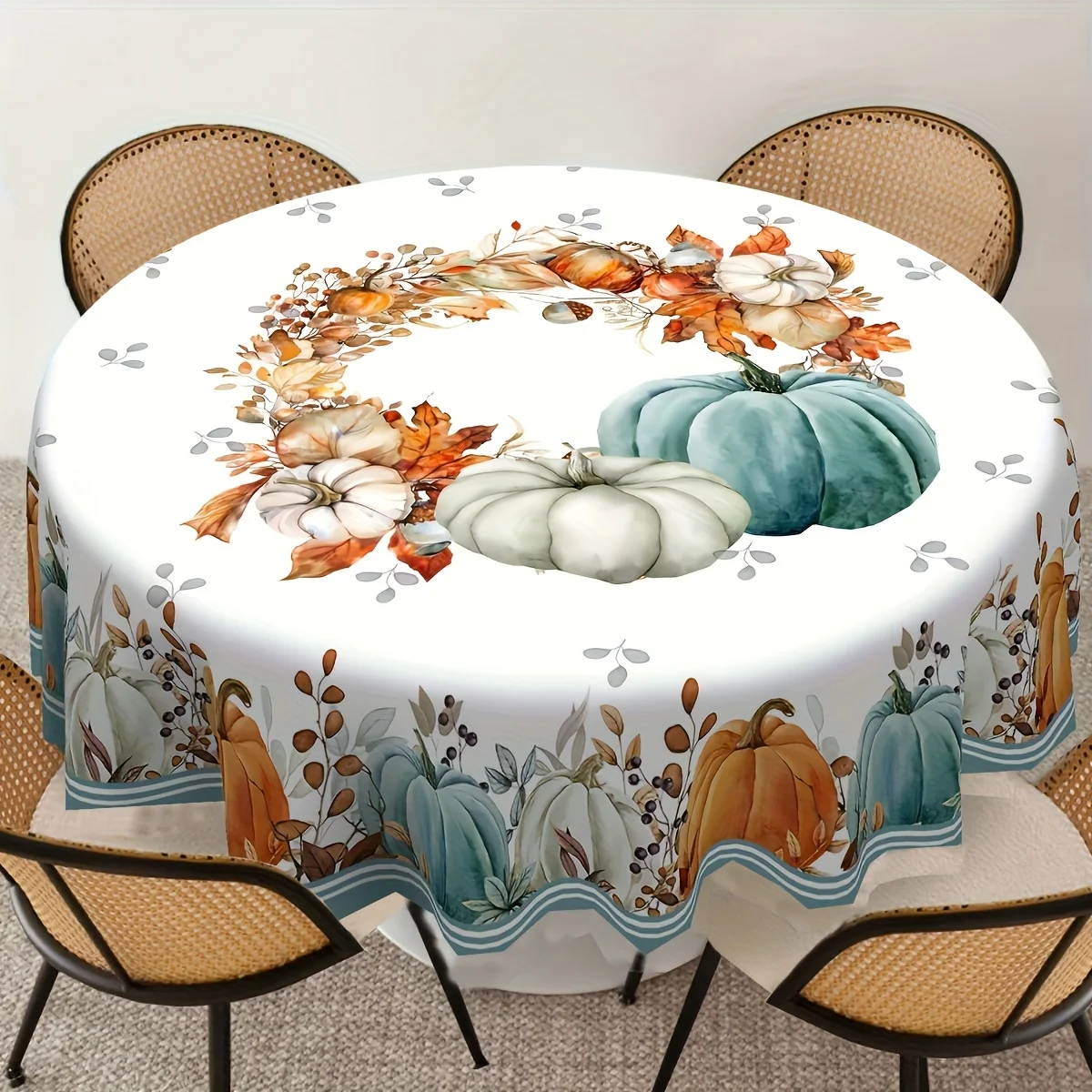 One autumn Thanksgiving tablecloth - Pumpkin, maple leaf, pinecone and wheat design, durable round/rectangular tableclothzyc