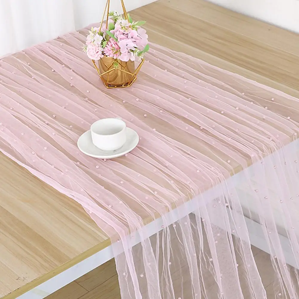 Rustic Table Decor Faux Pearl Table Runner Sheer Tulle Fabric Wedding Birthday Party Centerpiece Decor Baby Shower Anniversary