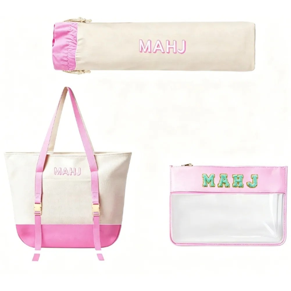 Canvas Tote Bag Set for Mahjong Tiles with Clear Zippered Pouch and Drawstring Bag for Racks Pushers and Accessories