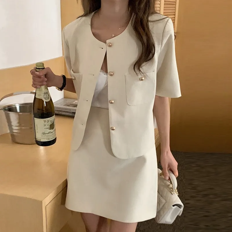 

Korean Chic Summer High Waist A-Line Skirt Set Women's ort Sve Single Button Jaet Cotton Blend Faion Ensemble