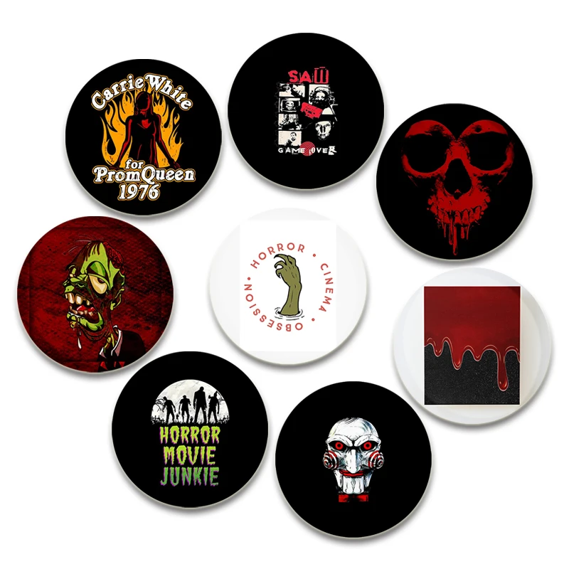 Horror Movie Junkie Handmade Pin Round Brooches for Backpack Cothes Accessories Black Skull Thriller Collection Badge Decoration