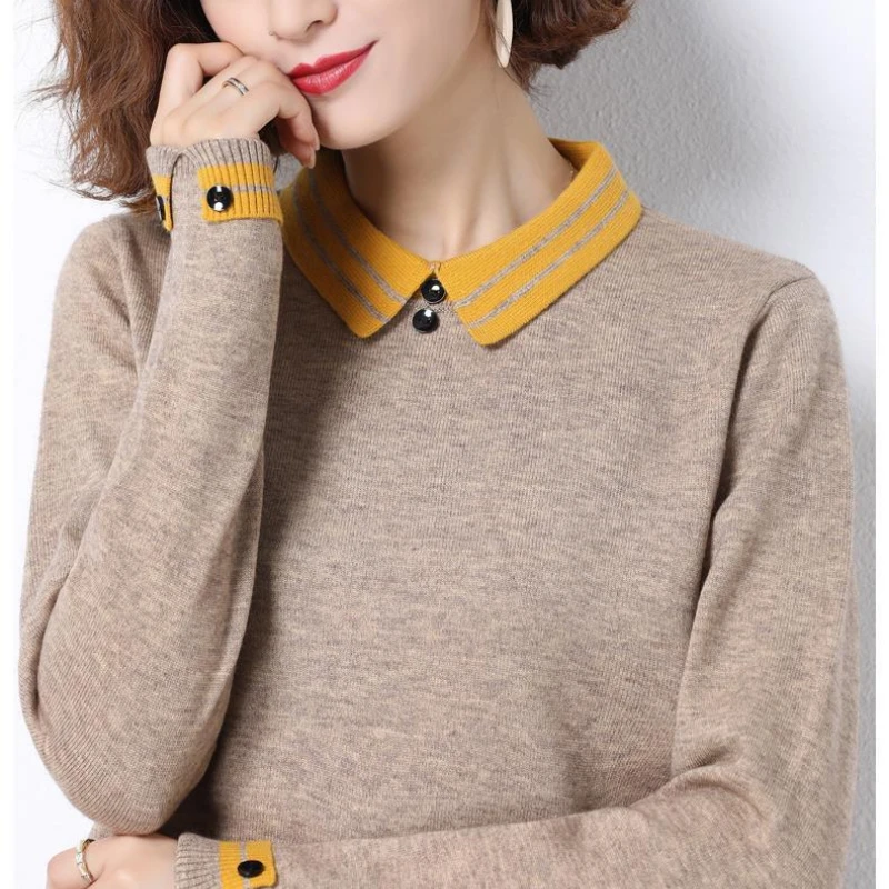 Korean Autumn Winter Peter Pan Collar Contrast Color Button Long Sleeve Sweater Knitted Casual Elegant Women\'s Clothing Tops