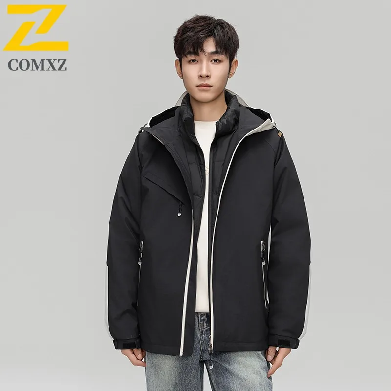 COMXZ Winter Men Down Jacket Classic Hooded White Duck Down Warm Windproof Coat Fashion Commute Office Lightweight Parka 2025