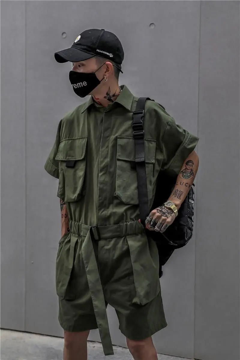 ARENS Overalls Men Cargo Pants Black Classic Overall Casual Jumpsuit Black Trousers Male Japanese Streetwear Techwear Summer