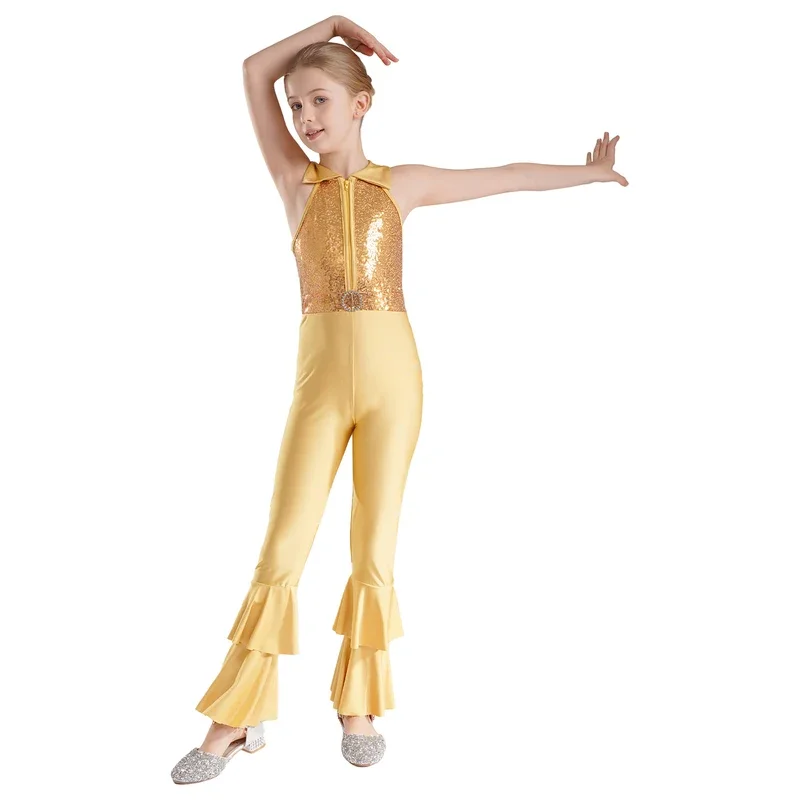 Kids Girls Shiny Sequins Hippie Costume 70s 80s Disco Clothing Bell Bottom Dance Jumpsuit Jazz Latin Stage Performance Dancewear