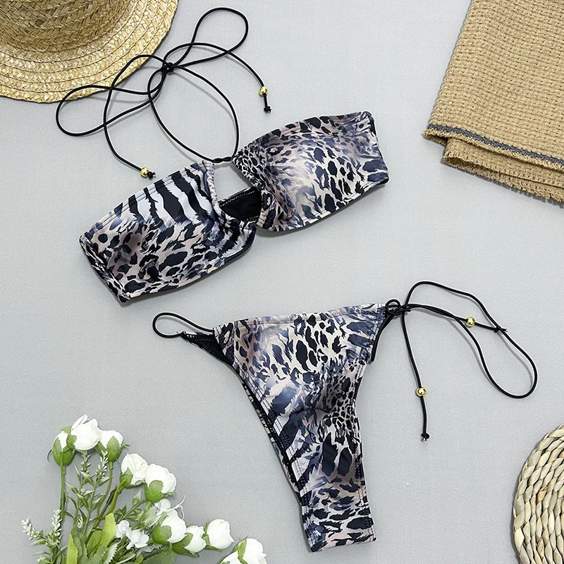 

Sexy Printing Bikini Set Swimwear Women Strapless Suspender Tie Side G-string Micro Bikini Summer 2025 New Spice Girl Beachwear