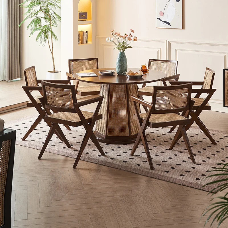 

Medieval solid wood round table Nordic restaurant rattan dining table dining chair combination household small dining table