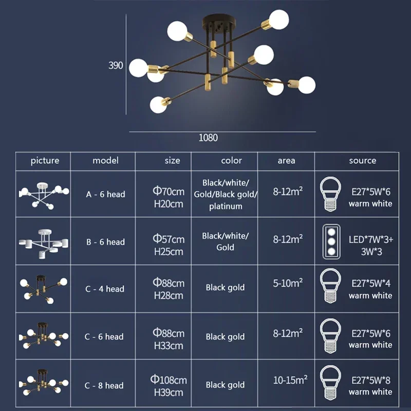 Imagem -06 - Luminária Pendente Moderna para Sala de Jantar Quarto Lustre Multihead E27 Luminária Vintage para Ambientes Internos