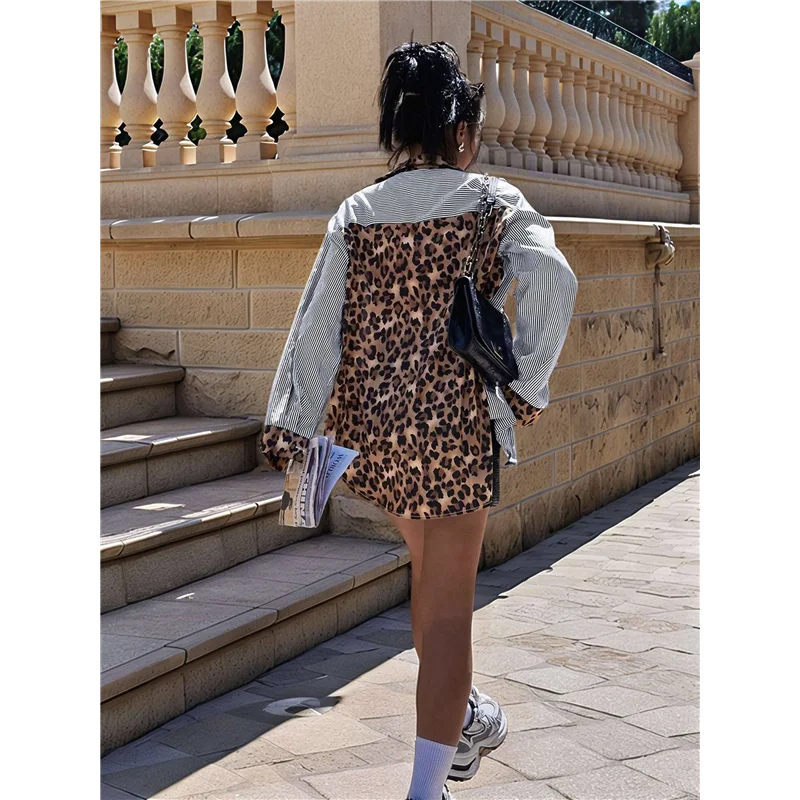 ABRT-เสื้อเชิ้ตแขนยาวพิมพ์ลายเสือดาวลายทางสำหรับผู้หญิง เสื้อเชิ้ตคอปกติดกระดุมลายเสือชีตาห์