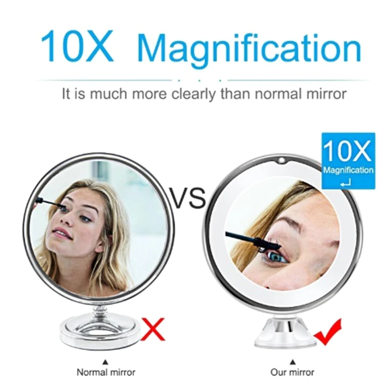 LED 10X Magnifying Make Up Mirror Can Locking Suction Cup&360Degree Rotating Adjustable For Home/Travel/Bathroom-Battery