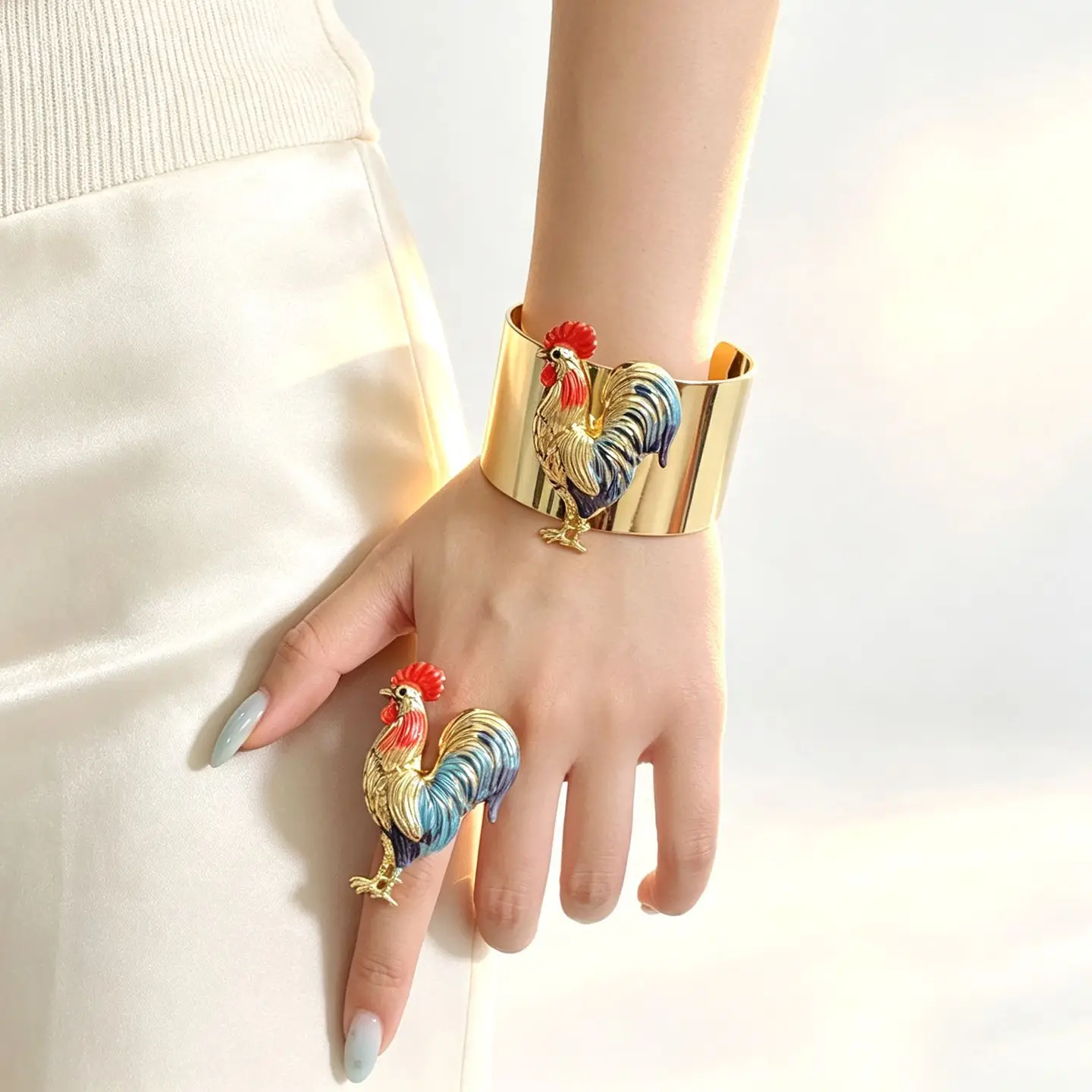 Enamel Rooster Jewelry Set Women Gold Tone Animal Pattern Brooch Earring Necklace Cuff Bracelet Vintage Statement Jewelry