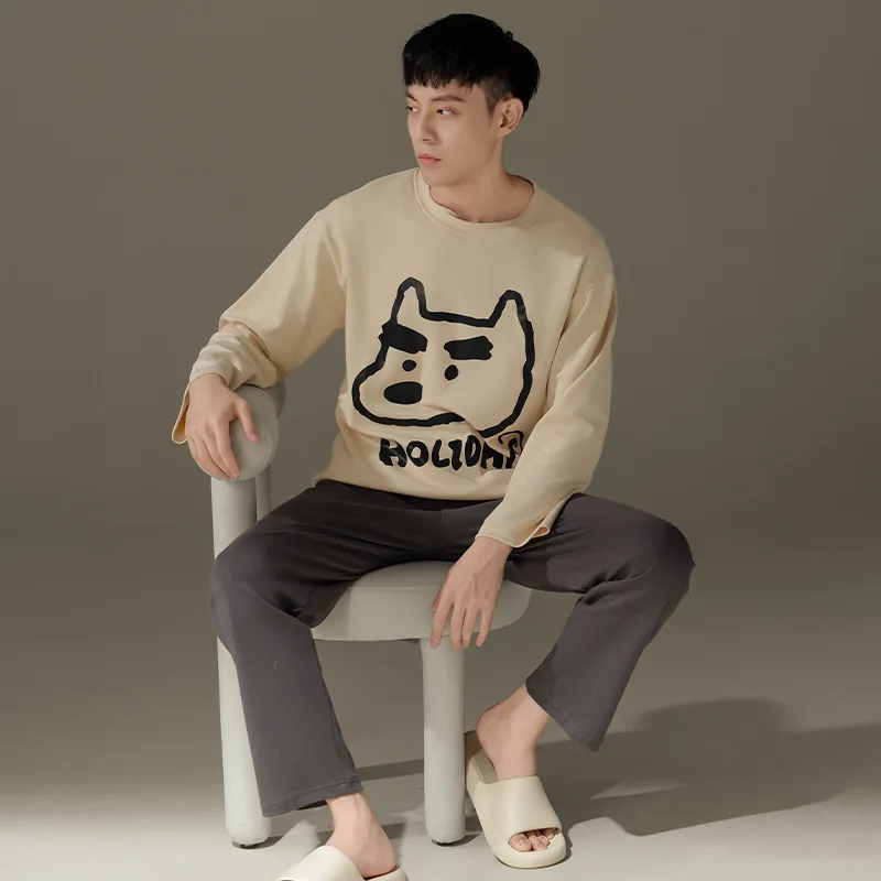 2025 New Spring Autumn Nightwear Male Korean Fashion Pjs Pyjamas 2Pcs/set Long Sleeve Sleeping Top Trousers Sleepwear Loungewear