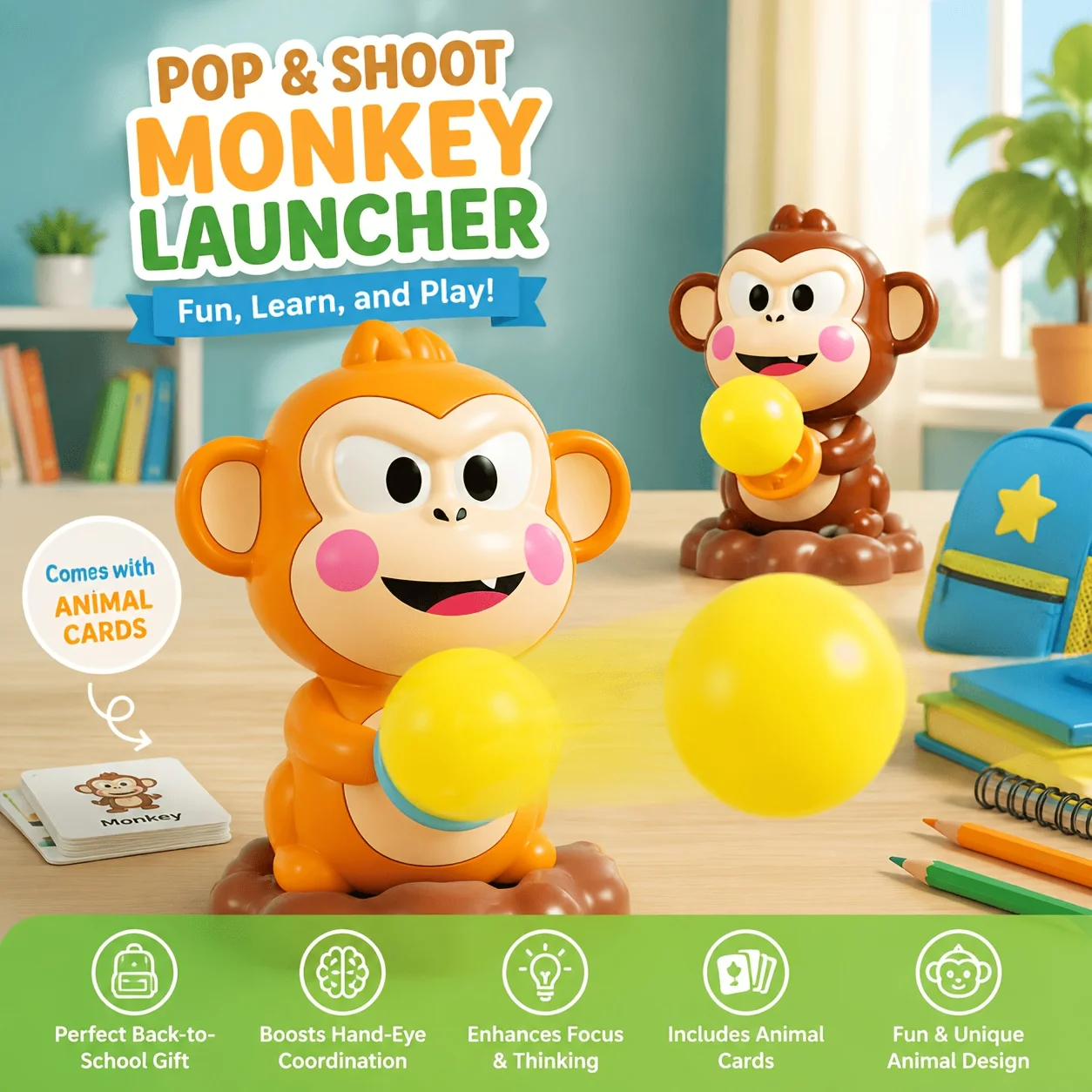 Pop‑up Monkey Launcher ABS Plastic Interactive Party Game Toy With Cards Sponge Balls Kids Gift for Birthday Christmas Family Pl