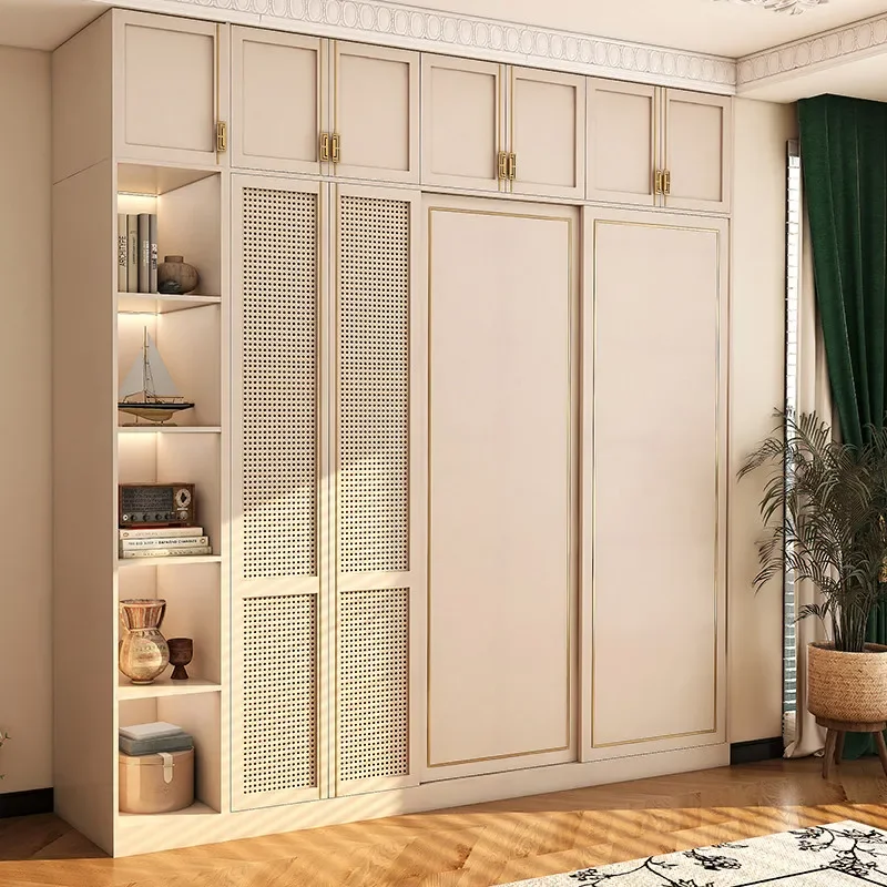 New rattan large wardrobe retro ENF grade European pine board cabinet for home bedroom