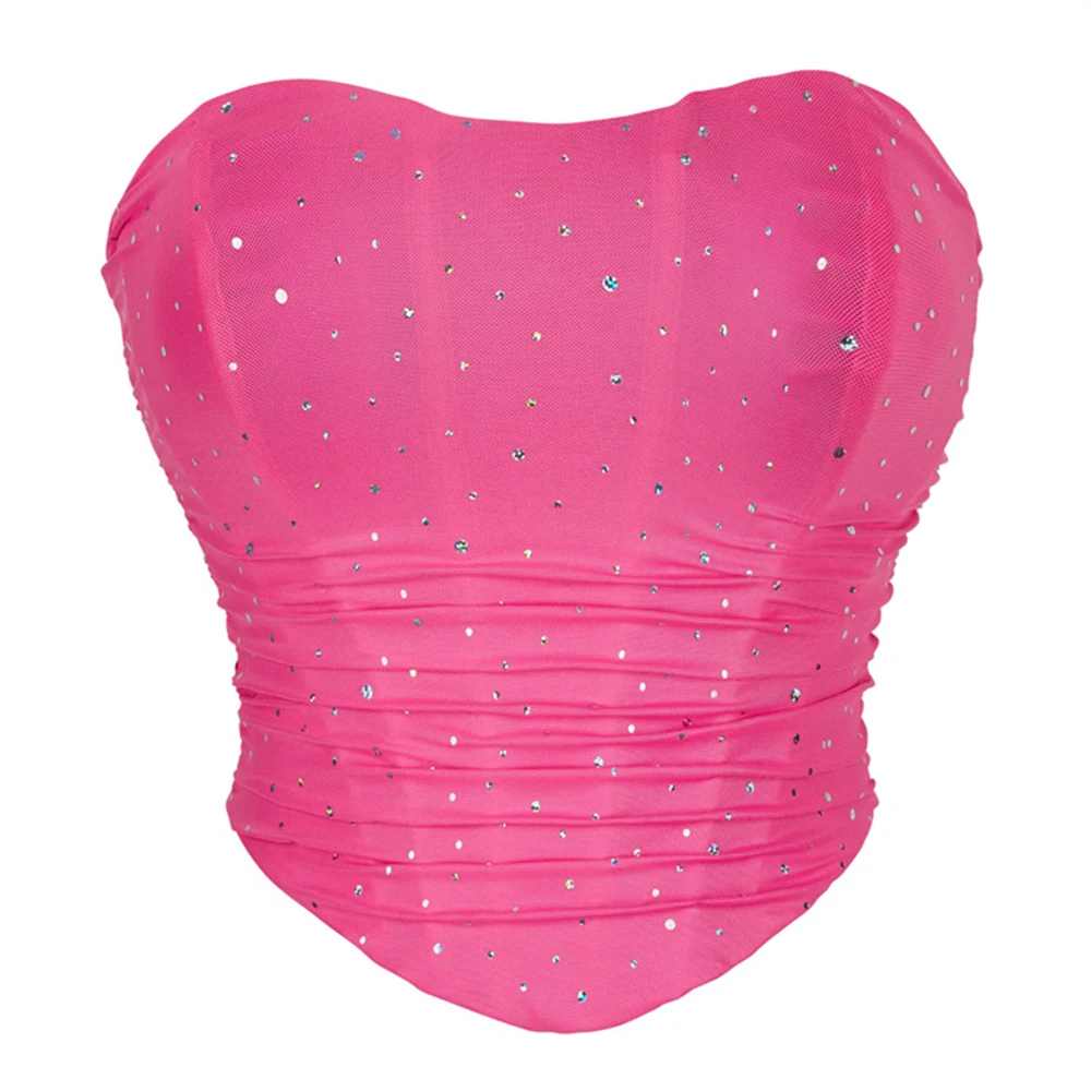 Women Overbust Corset Crop Tops Sexy Strapless Off Shoulder Sequin Breathable Mesh Bustier Korset lingerie Gothic Corselet Pink