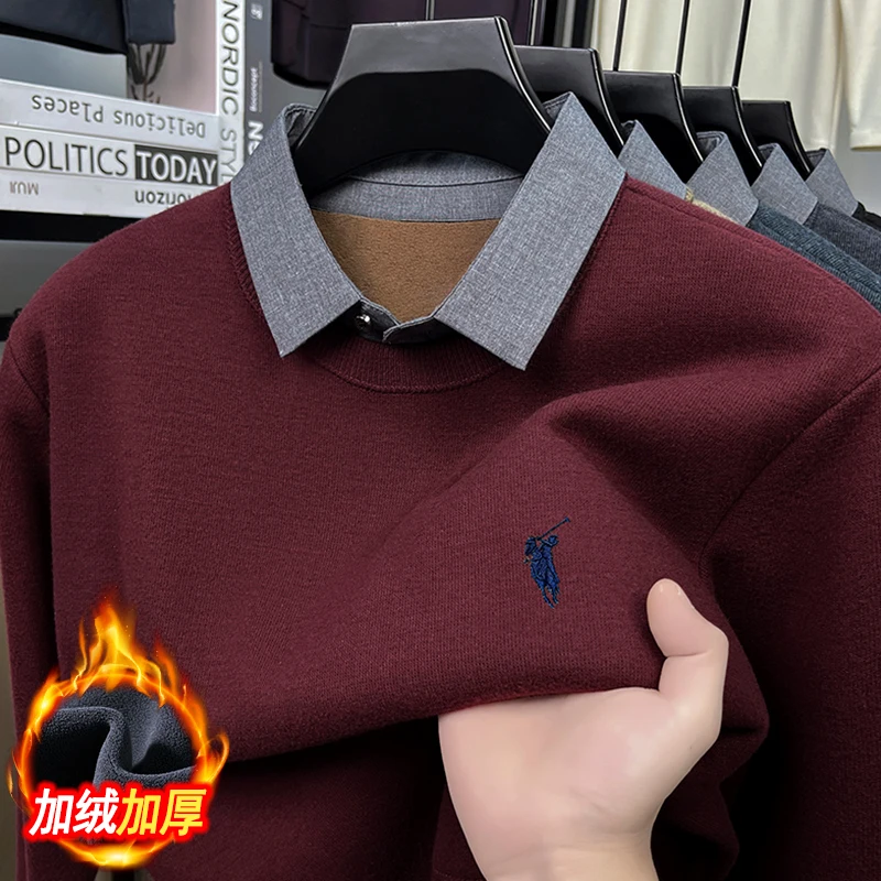 

Осенне-зимний новый мужской воротник-рубашка с искусственным двумя вышитыми маленькими лошадьми и логотипом для офиса и путешествий, топ с длинными рукавами, шерстяной свитер