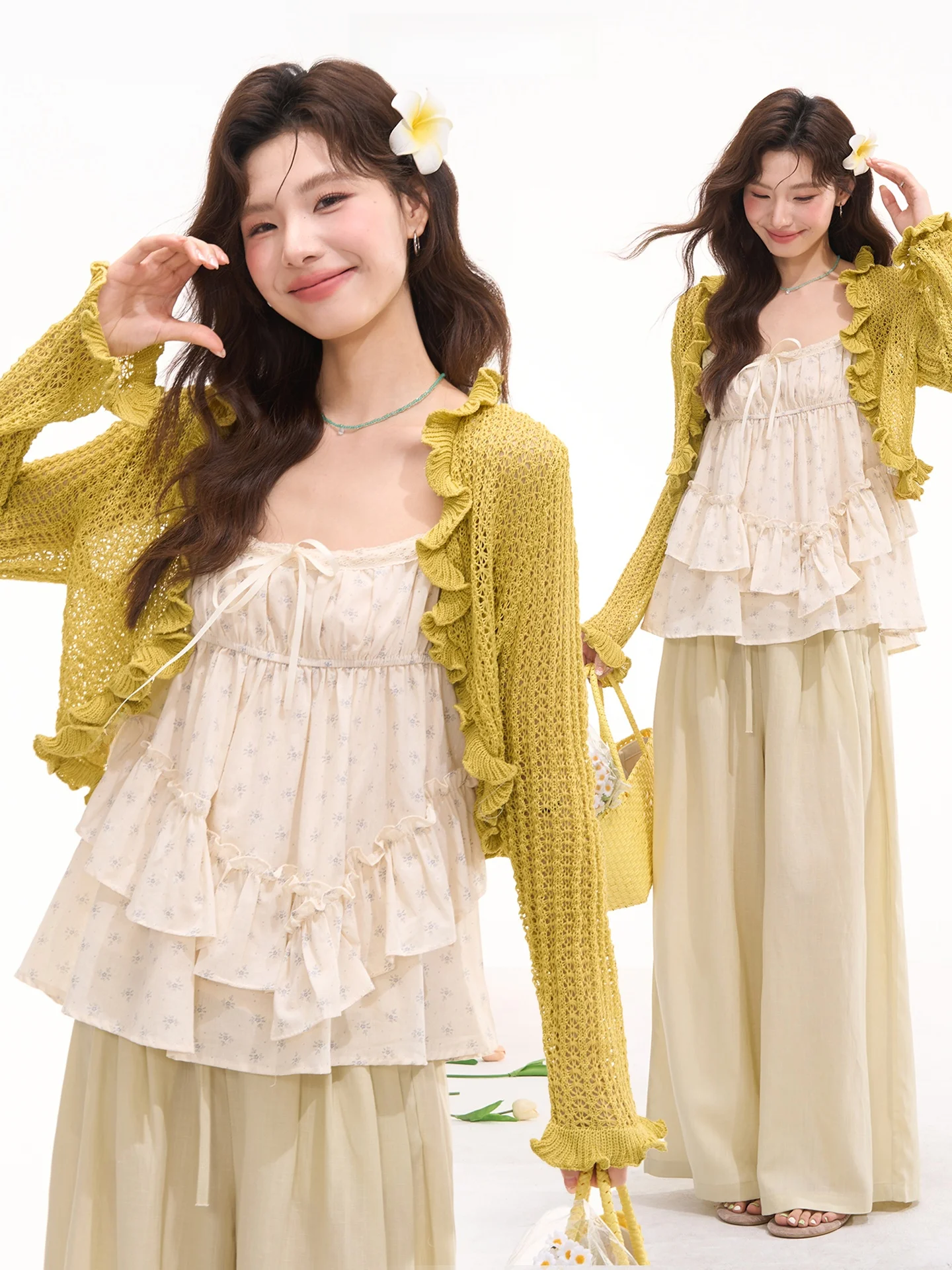 

Женский вязаный ажурный кардиган Heme Flower Field Window Simple Fashion, универсальный, с длинными рукавами, укороченный