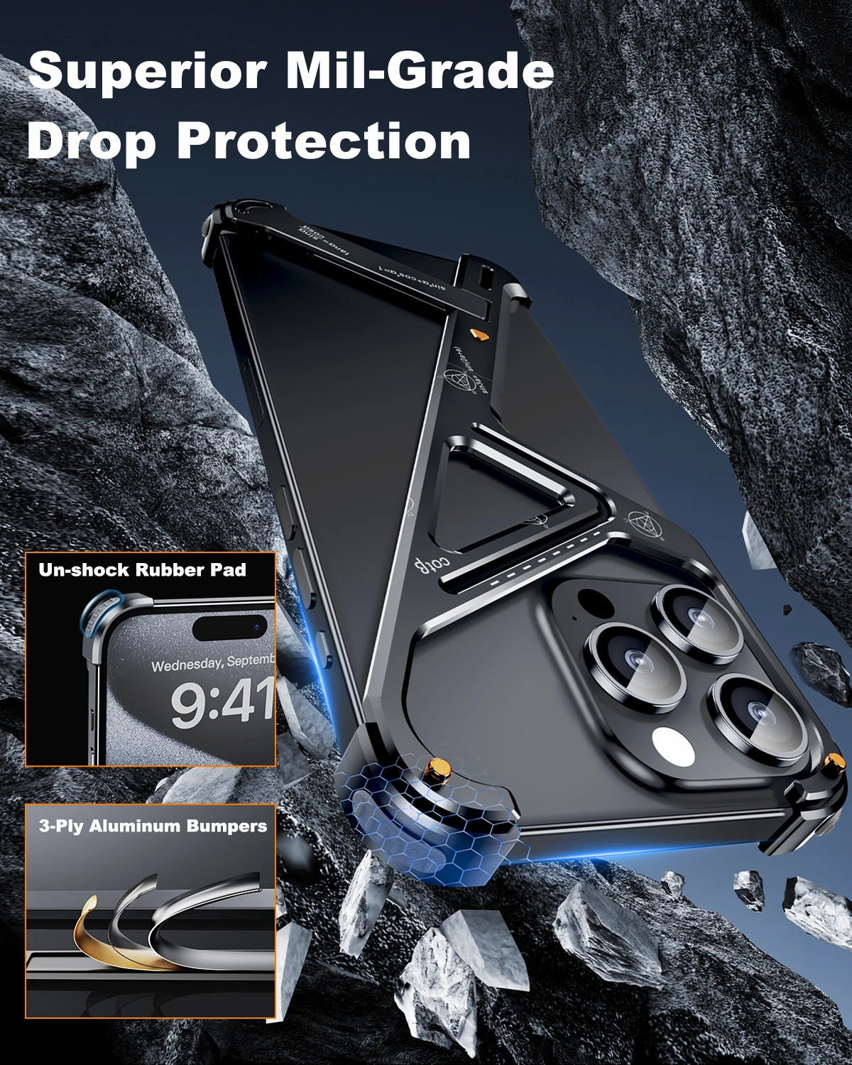 Eary Frameless Phone Case for iPhone 15/14 Pro Max Racetrack Shaped Cool Design Aluminum Matal Bumper Shockproof Phone Cover