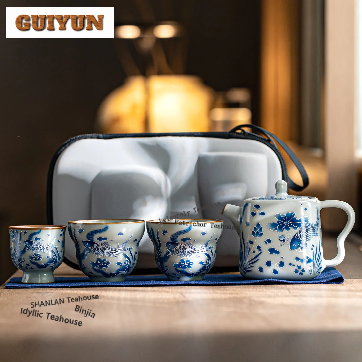 

Ru Kiln Ручная роспись Рыбий водоросли Узор Путешествия Чайный сервиз Набор Бутик 1 горшок 3 чашки Чайник Органайзер Портативные пакеты для пикника