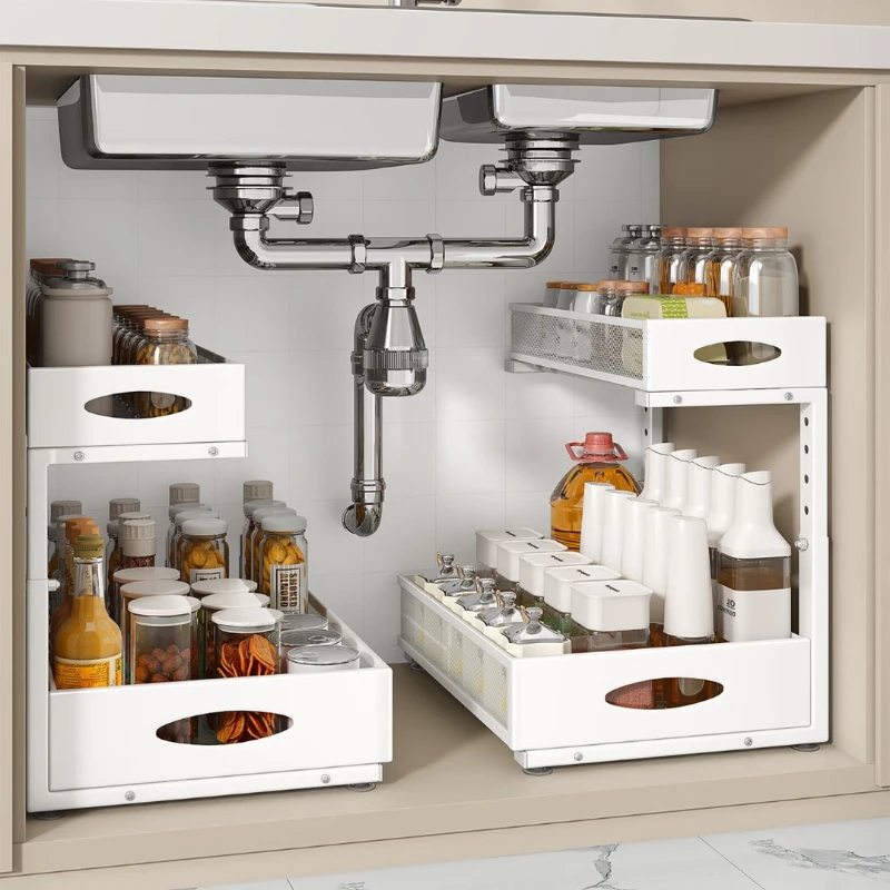 Pull Out Under Sink Organizer Large White Kitchen Cabinet Storage Rack with Bidirectional Sliding Adjustable Shelf PVC Liner