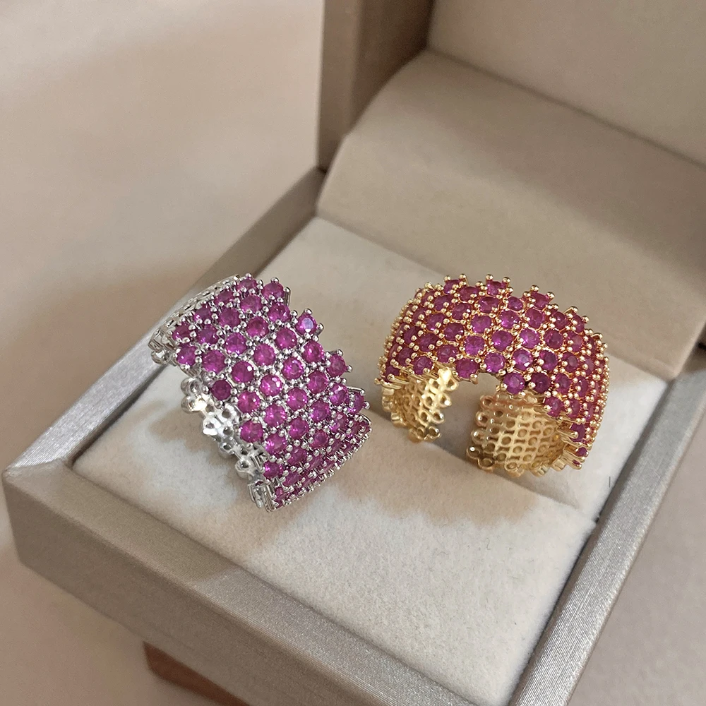 DODOHAO Luxury Rose Red Zircon Inlaid Copper Ring for Women Shining Golden Silvery Waterproof Open Wide Ring Party Jewelry Gift