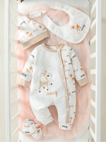 4Pcs Baby Girls Long Sleeve All Seasons Cartoon Deer Open Stitch pastorale Jumpsuit+Bib+Gloves+Hat