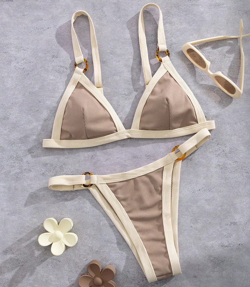 Sexy Women's Swimsuit 2026 Splicing Ribbed Thong Bikini Split Bathing Suit Low Waist Bikinis Sets Brazil Beach Swimwear