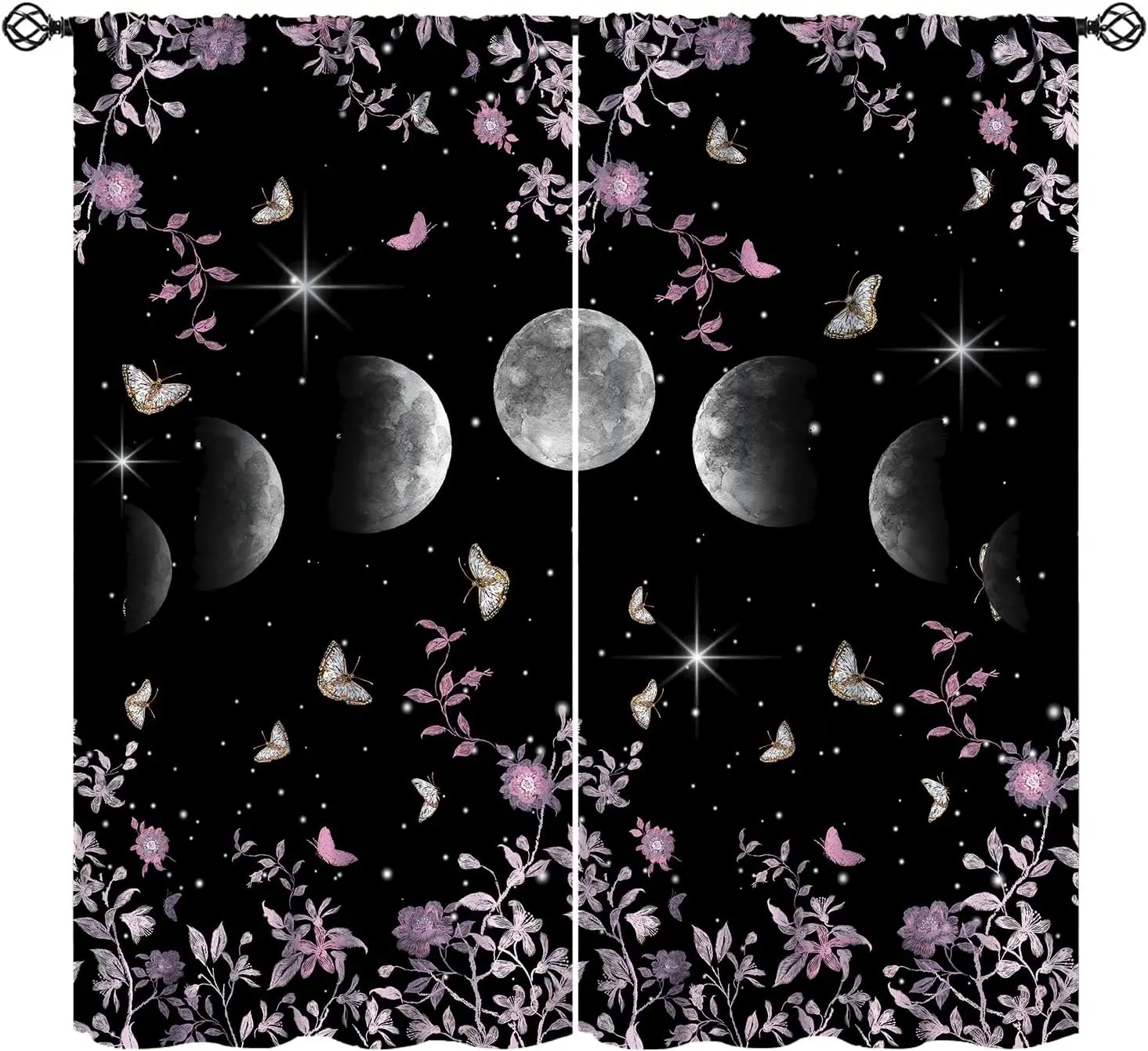 Moon Phase Moonlit Curtains, Gothic Witchy Pink Wild Roses Butterfly Vines Bohemian Moonlit Mysticism Design Window Curtains