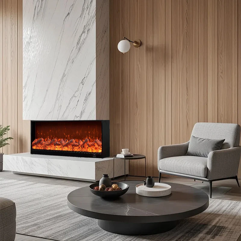 2026 New Wholesale Built-In Modern Simple Light Luxury Italian Minimalist TV Cabinet Fireplace Heating Steel Black LED Display