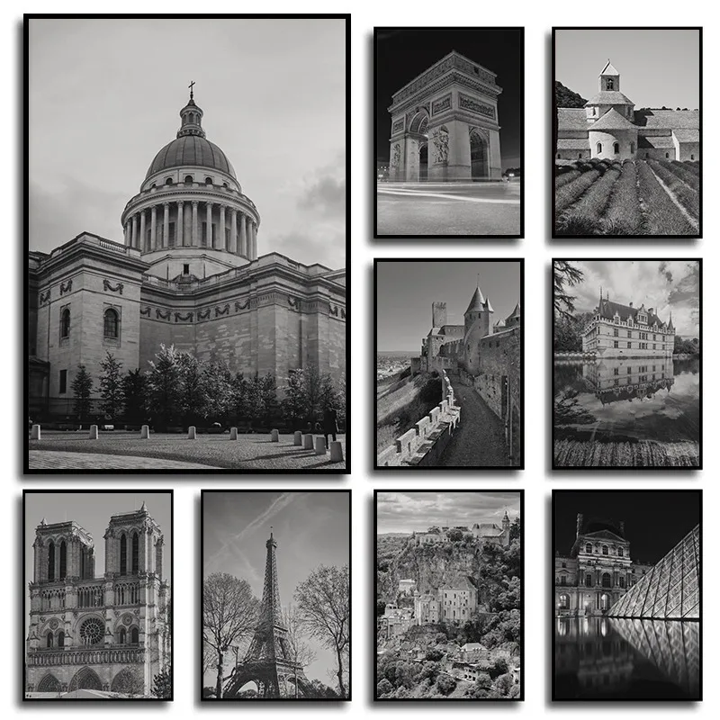 Elegante juego de arte de pared en blanco y negro de Francia, impresiones de París, Torre Eiffel, Versalles, Valle de la Loire