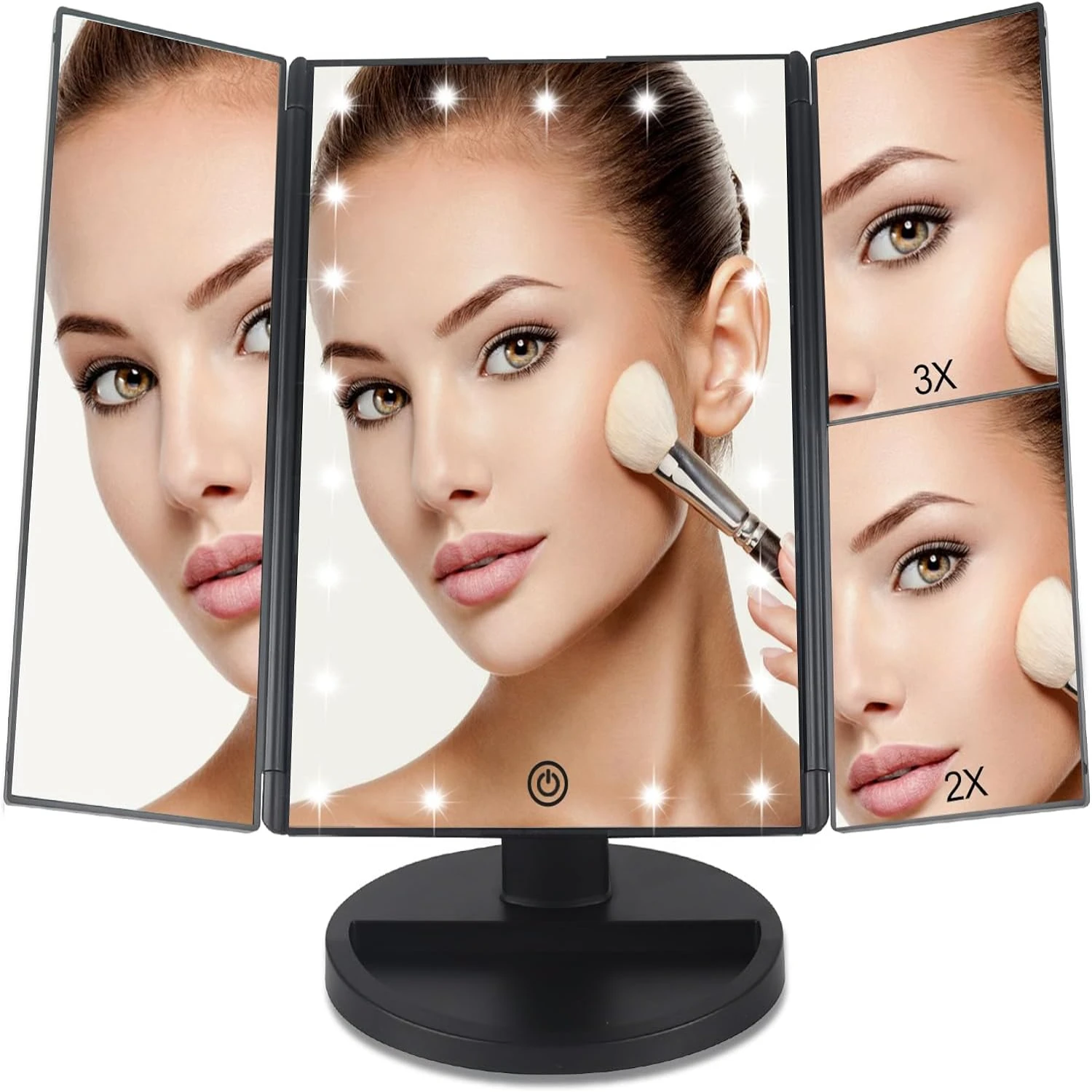 Portable Tri-fold Vanity Makeup Mirror with Adjustable Lights and 3X Magnification - 1X 2X 3X Magnifying Options for Perfect Mak