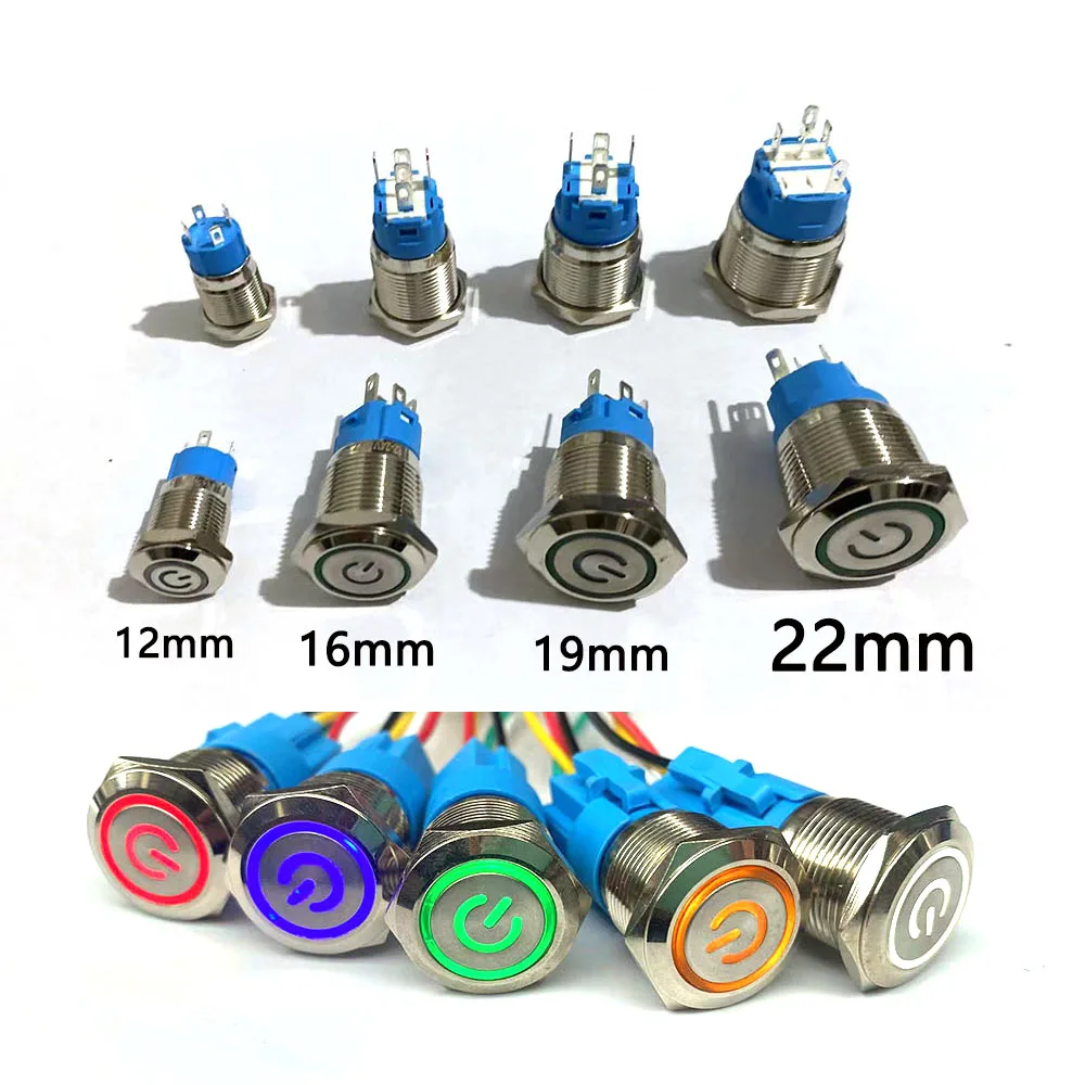 Interruptor de Botão de Metal Impermeável, Luz LED, Travamento Momentâneo, Potência do Motor do Carro, Vermelho, Azul, 5V, 12V, 24V, 220V, 12mm, 16mm, 19 milímetros, 22 milímetros