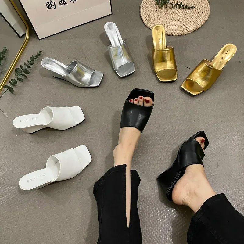 Retro Wedge Slippers Women Summer Wear Square Head Open Toe Thick Soled line Sexy High-heeled Slides