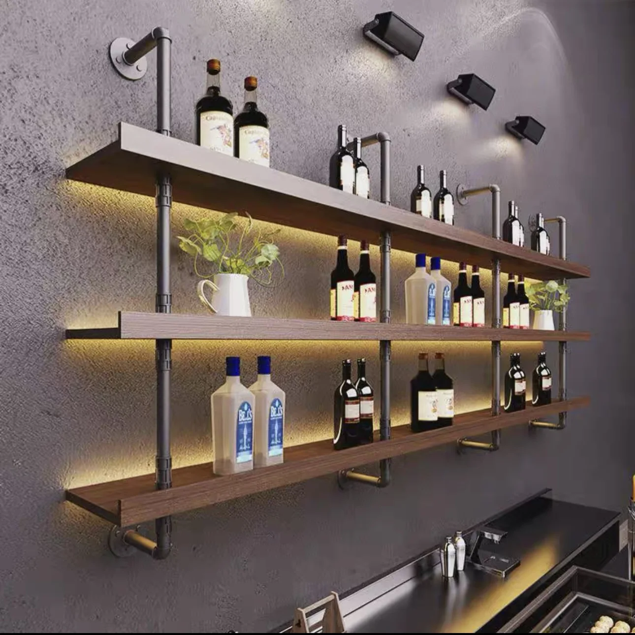 Wrought iron solid wood wall bookshelf wall hanging luminous shelf desktop bedroom kitchen baffle wine rack decoration