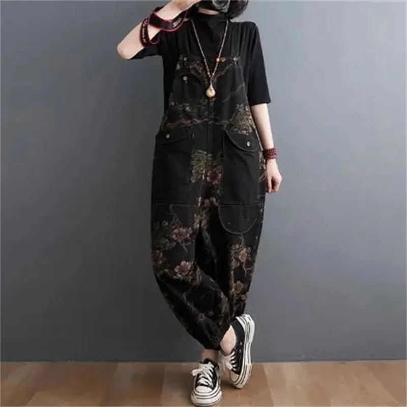 Vintage Print Floral Denim Jumpsuit Women Loose Wide Leg Baggy Straps Cargo Pants Streetwear Big Size Black Jeans Overalls Femme