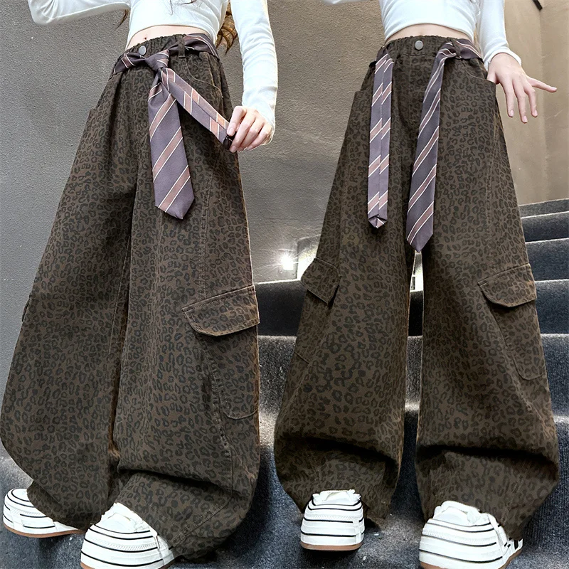 

American Fashion Kids Girl Leopard Print Cargo Pants With Silk Belt Children High Street Wide Leg Trendy Trousers 5 To 14 Years