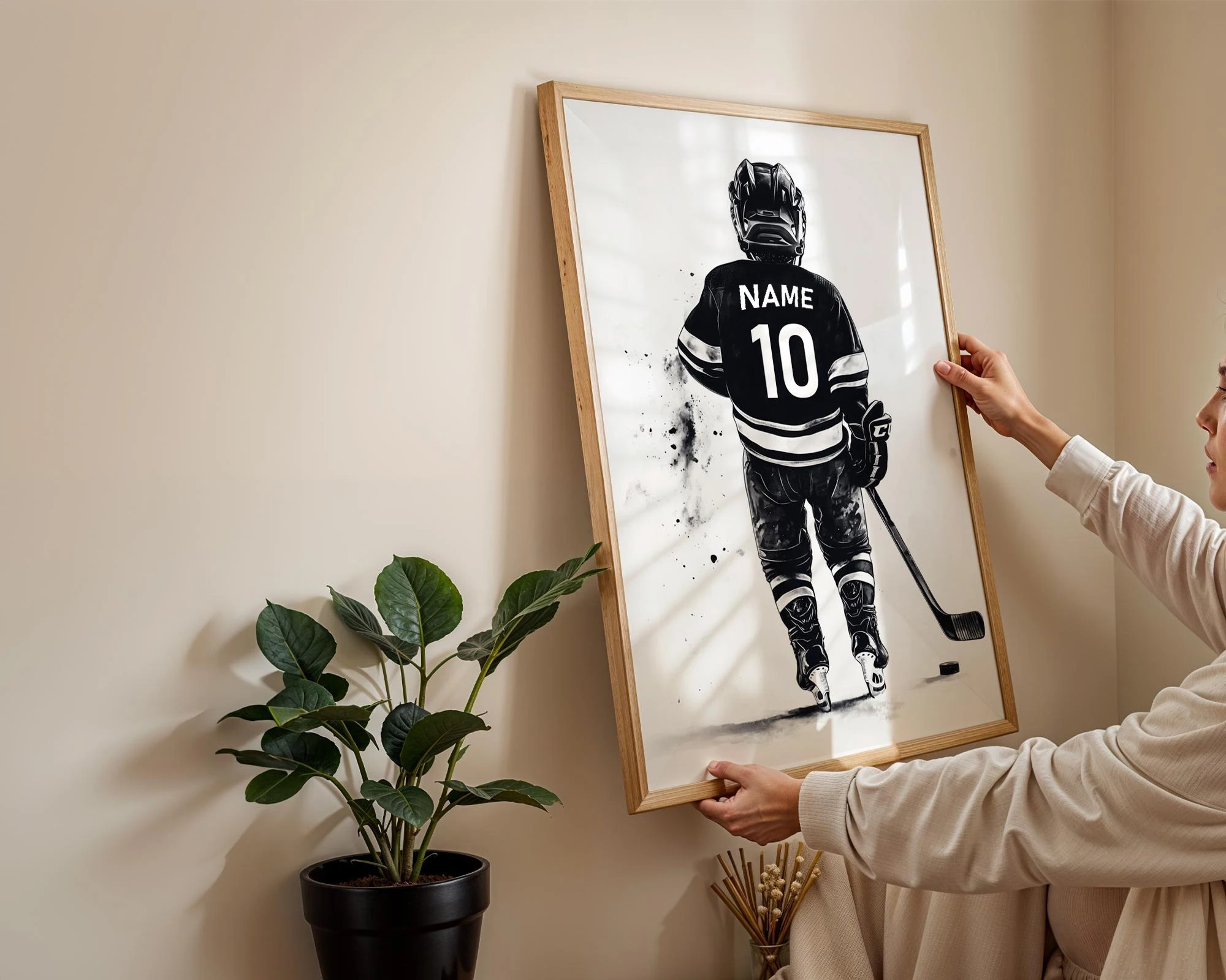 Custom Your Hockey Name & Number Canvas Print Hockey Black White Sports Wall Art Poster for Boy Room Home Decor Ice Hockey Gift