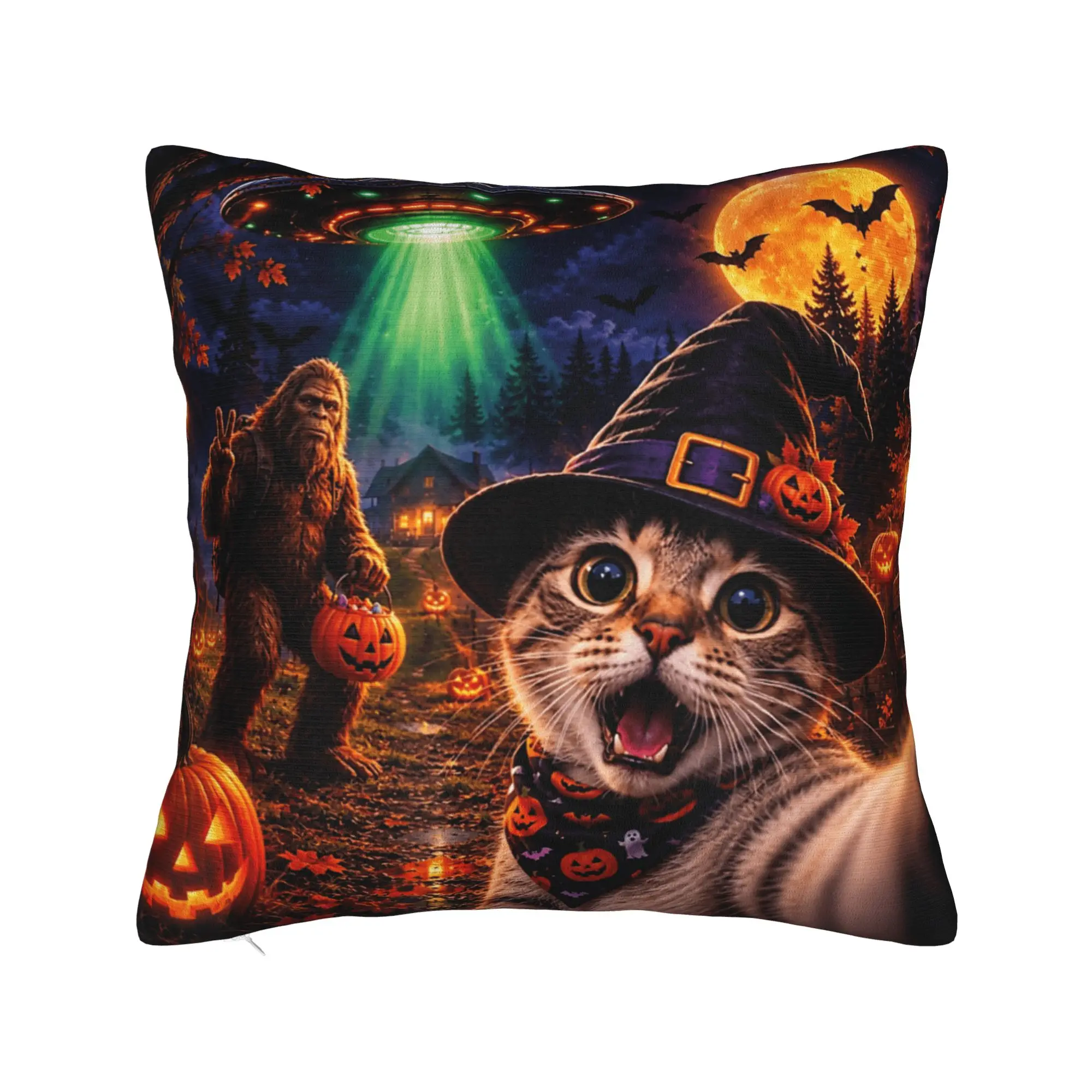 Funny Halloween Cat Selfie with Bigfoot UFO Pillow Case  Morden Pillow Cover Comfy Pillowcases For Living Room Bed Chair
