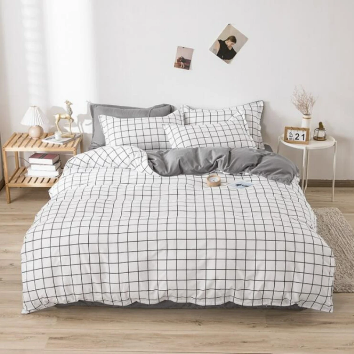 Conjunto de cama reversível Consolador, Preto e Branco Quilt Geométrica Capa com 2 Pillow Shams, Rainha e Rei Capa de Edredão, 3 PCs