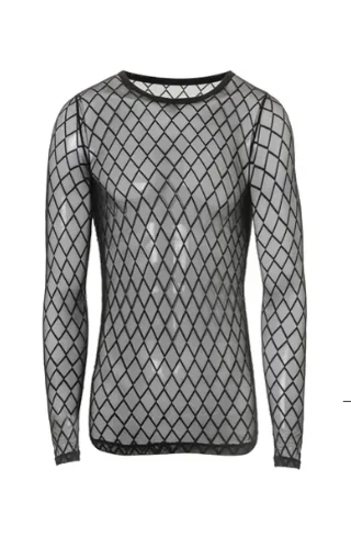 Mens Diamond Mesh Sheer Long Sleeve T-Shirt Sexy Clubwear Top See-Through Fishnet Crew Neck Long Sleeve Tee Breathable Partywear