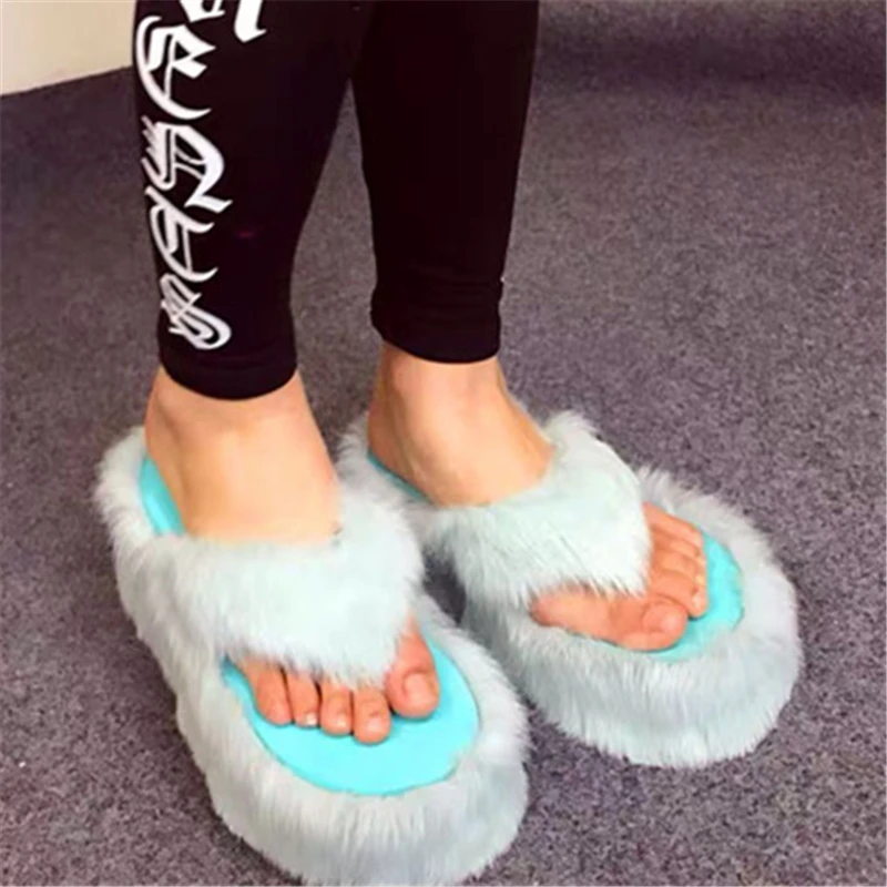 

Rabbit Fur Women Slippers Thick Sole Platform Shoes Woman Outside Slides Casual Flip Flops Summer Wedge Sandals Creepers