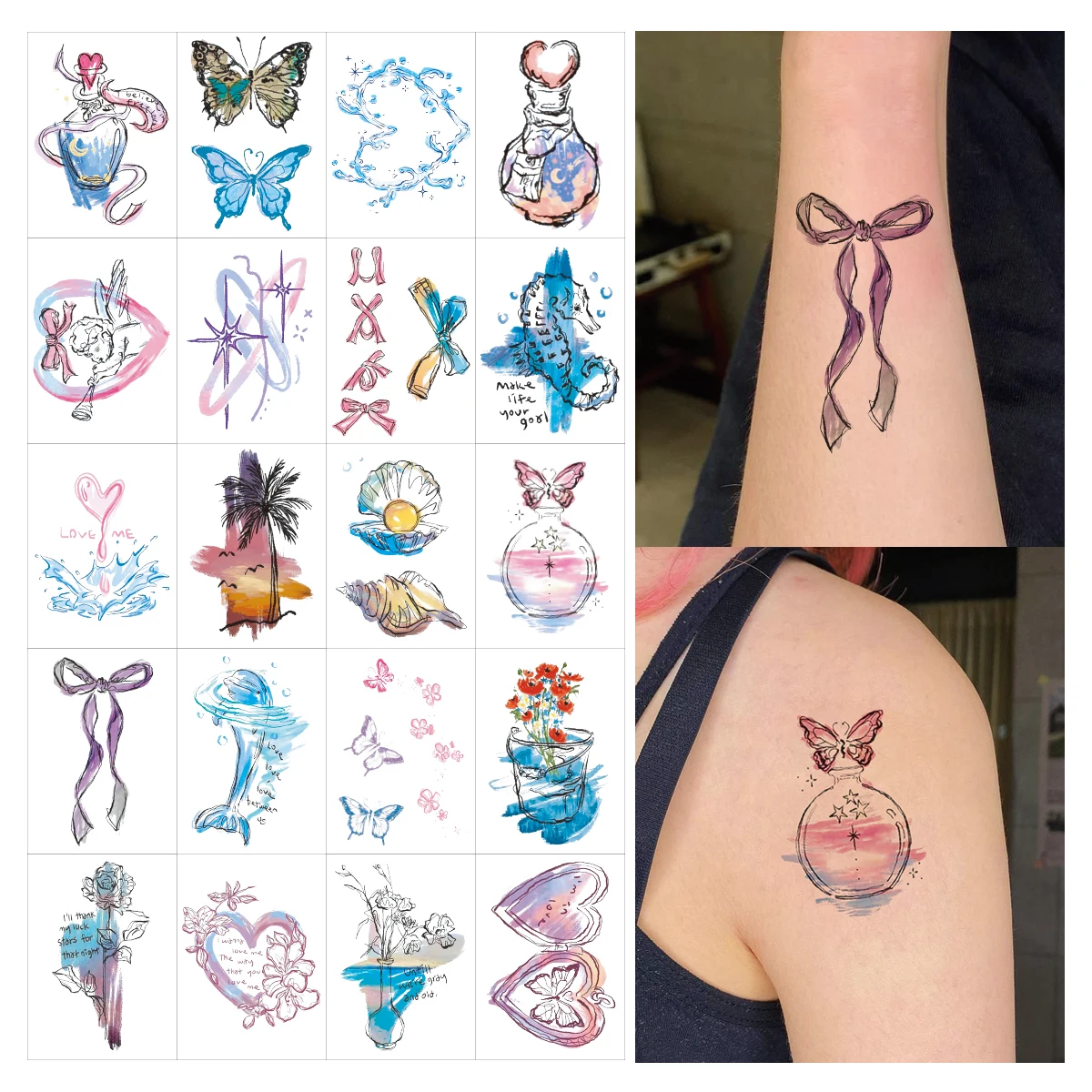 20pcs New Creative Design Pattern Stickers Colorful Heart Butterfly Cartoon Tattoo Stickers Semi Permanent Tattoo Stickers