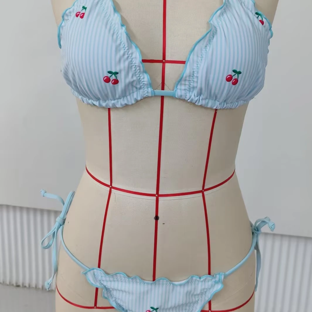 

Women 2-Piece Swimsuits Lettuce Trim Halter Bikini Bra and Drawstring Briefs Sets for Summer Beachwear Bathing Suit