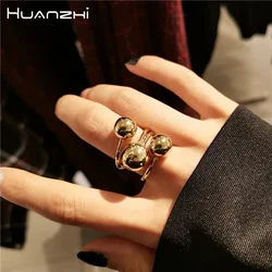 HUANZHI Gold Color 3 Balls Globe Shape Ring for Women Unisex Simple Creative Design Adjustable Stylish Metal Jewelry Gifts Hot