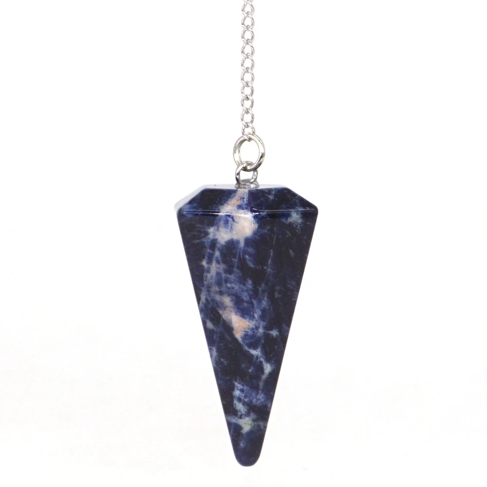 Natural Gemstone Blue Sodalite Reiki Healing Crystal Pyramid Hexagonal Pendulum Chain Chakra Amulet Pendant Witchcraft Decor