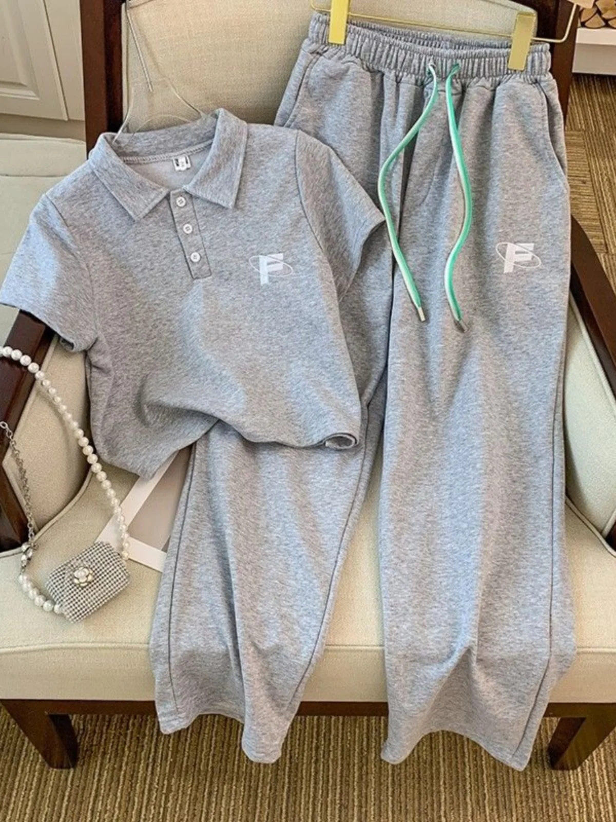 

Grey Casual Sportswear Set Women's Short Sleeve Wide Leg Pants Active Two Piece Set Salt Or Sweet Feelings Summer Collection