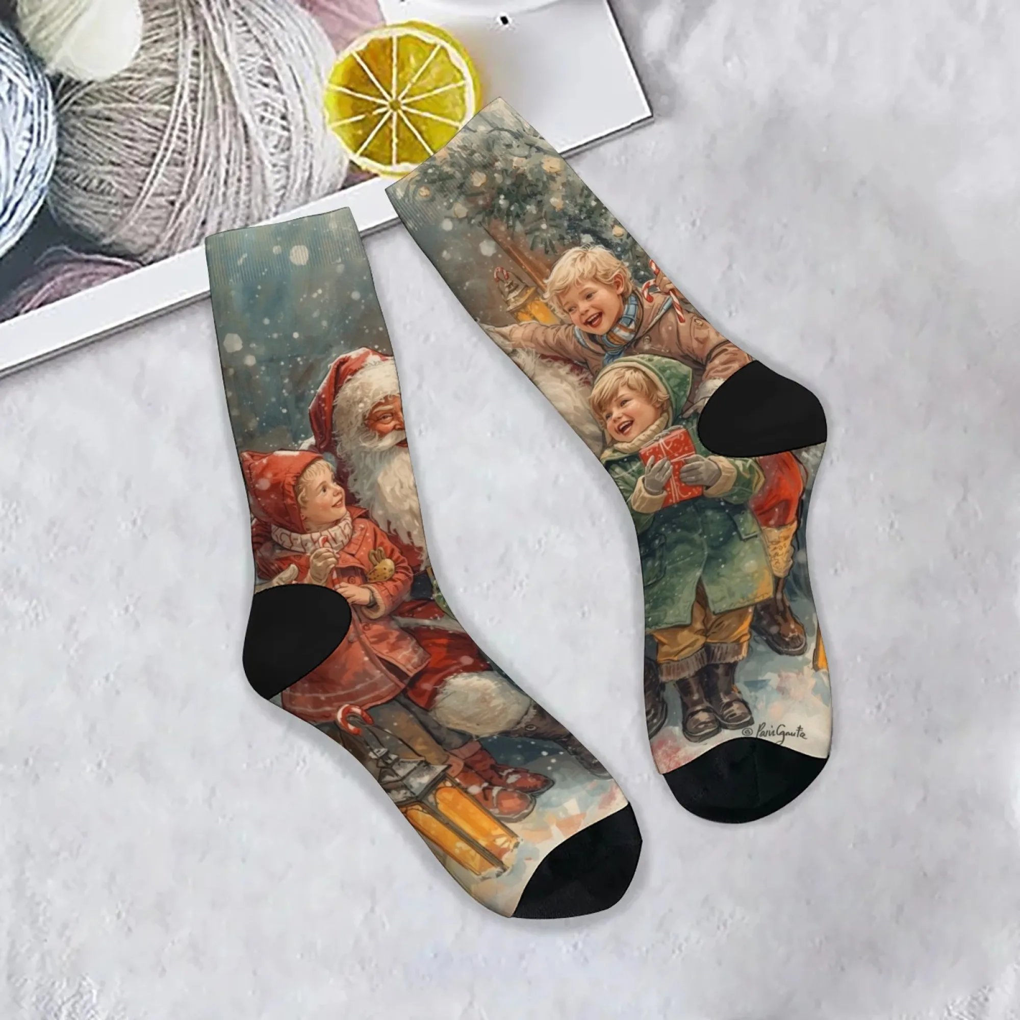 Weihnachtsmann und Kinder Kunstdruck Socken Retro Casual Fashion Herrensocken Bequeme warme Outdoor-Sportsocken Weihnachtsgeschenk